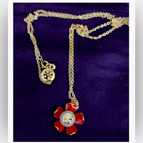 Tory Burch Gold And Samba Red Pearl Flower Necklace - Picture 2 of 7